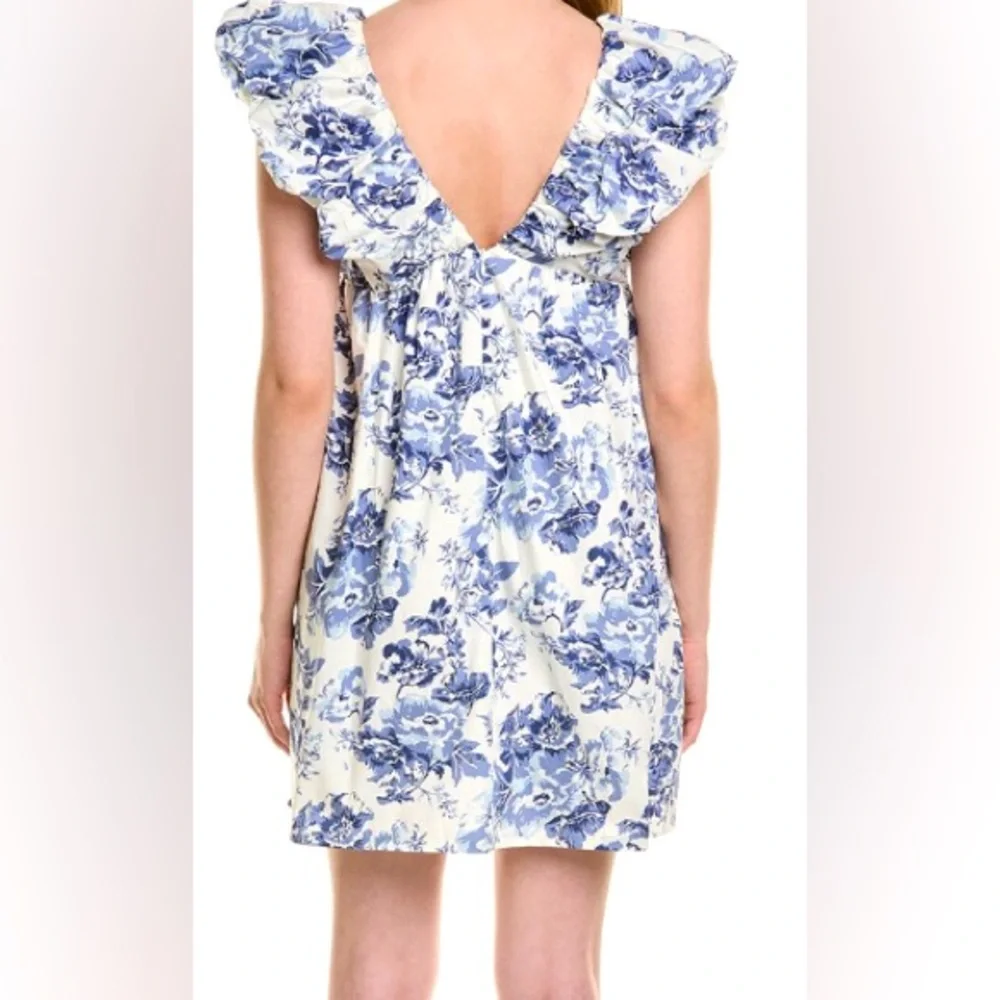 JL LUXE Blue Floral Print Bubble Sleeve, Baby Doll Mini Dress/Front Bow//Size 6